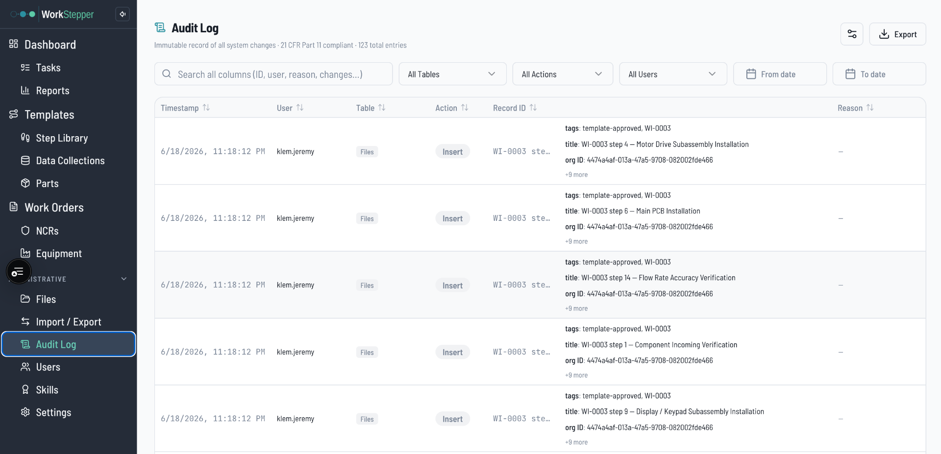 WorkStepper E-Signatures & Audit Trail — Audit log — every change, user, and reason, filterable and exportable