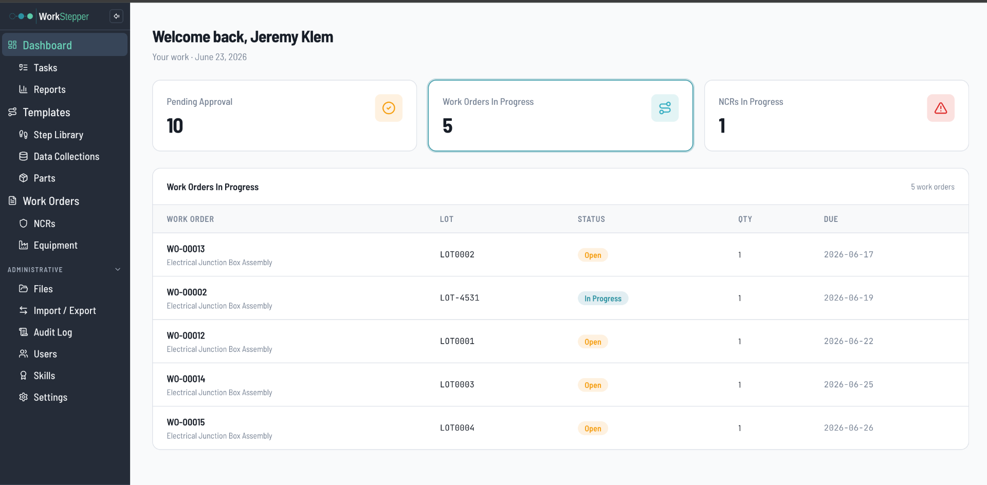 WorkStepper Reports & Production Visibility — Production dashboard — open work, NCRs, and approvals at a glance