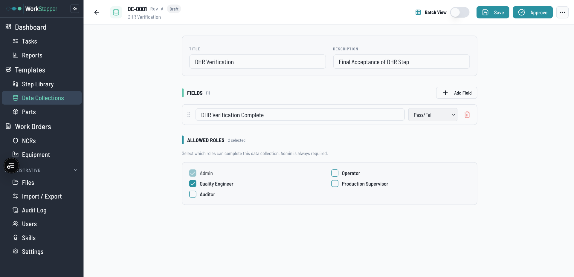 WorkStepper Data Collection — Data collection editor — measurement fields with units and spec limits