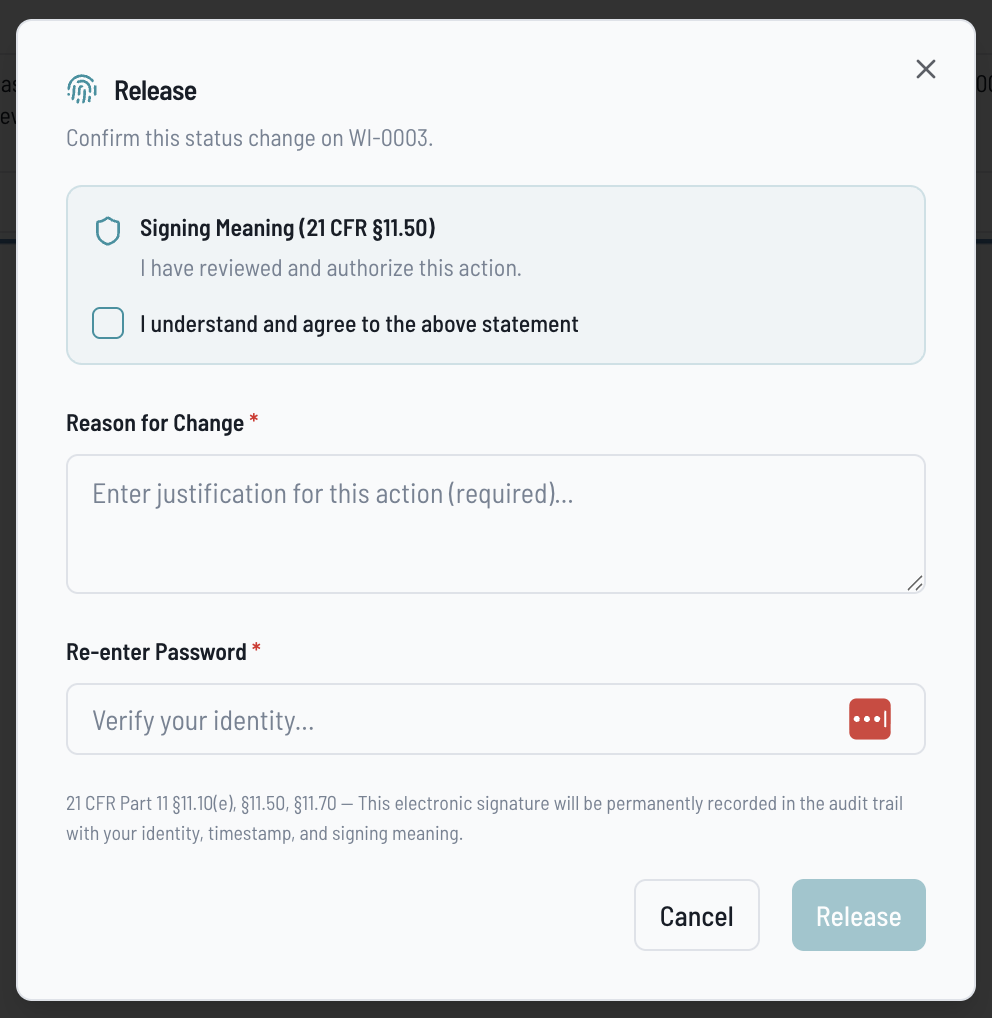 WorkStepper 21 CFR Part 11 electronic signature dialog with signing meaning, reason for change, and password re-entry