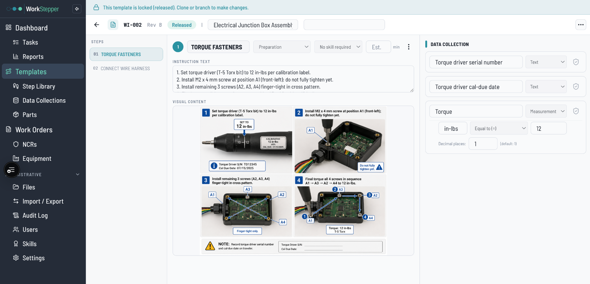 WorkStepper Templates — Template editor — building a released work instruction step by step