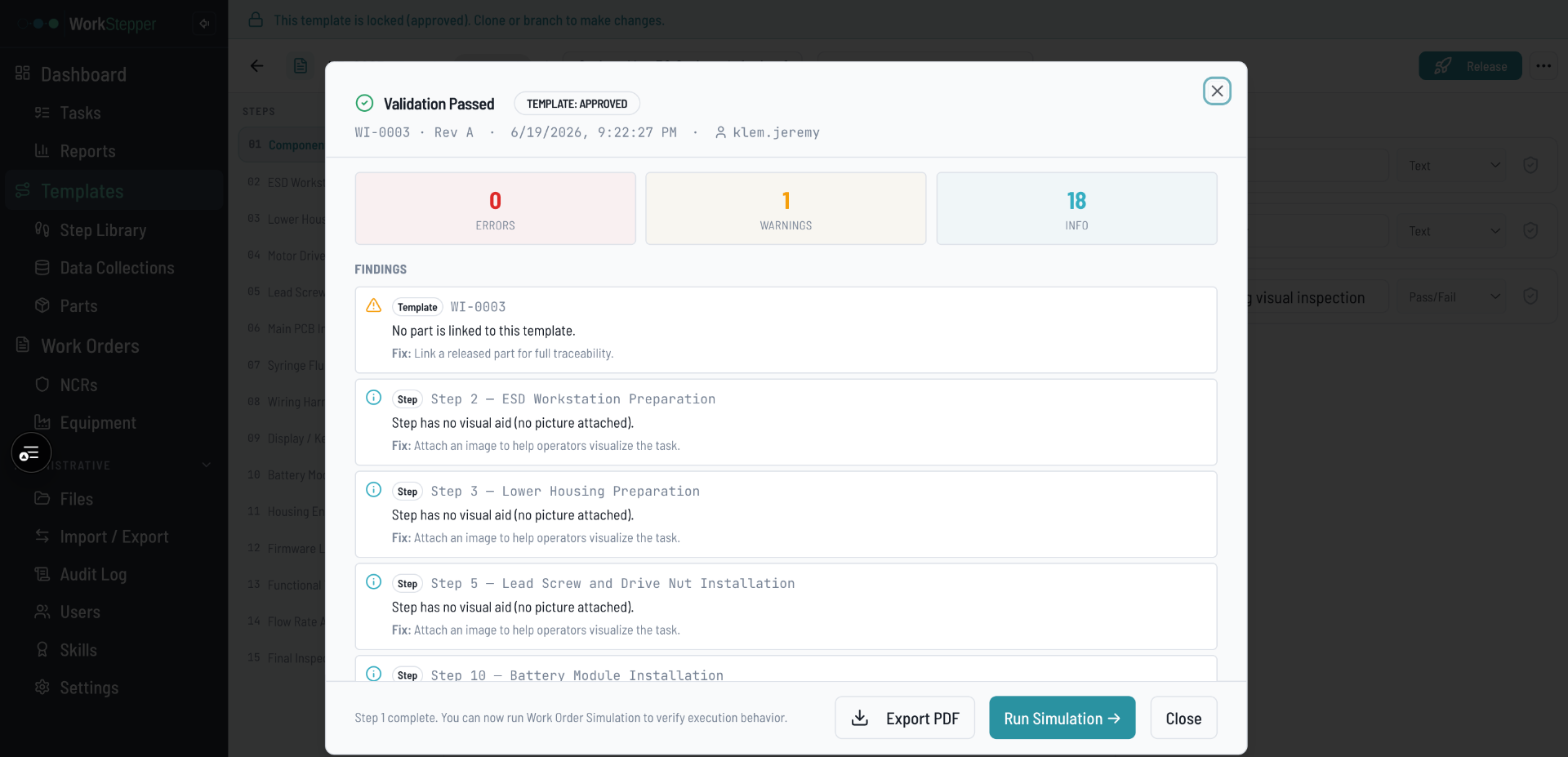 WorkStepper Validation & Compliance — Template validation report — errors and warnings before release
