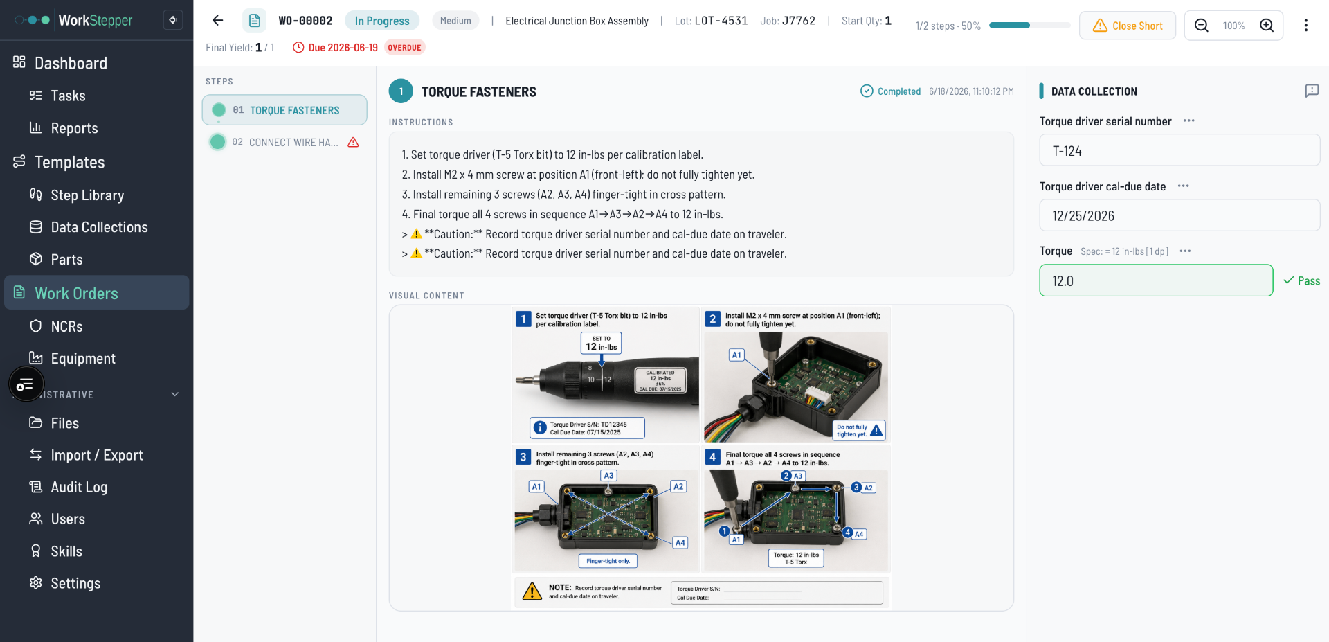 WorkStepper Work Orders — Work order in progress — steps, lot/serial, and live status